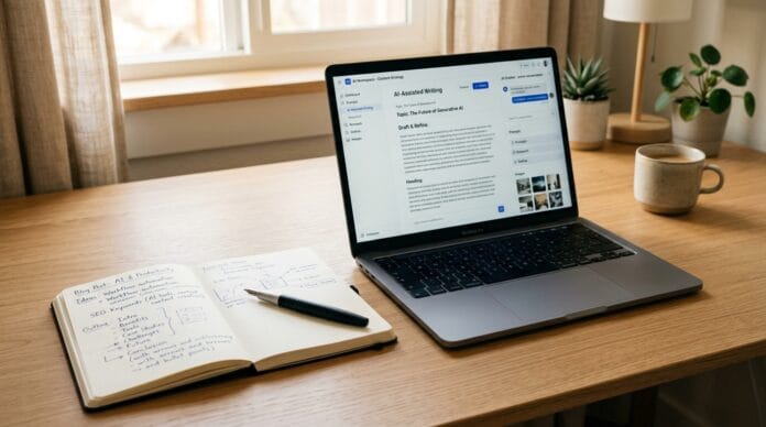 Laptop with AI workspace interface and creative notebook desk setup