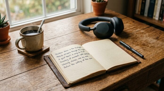 Writing songs with Suno AI music diary notebook and headphones